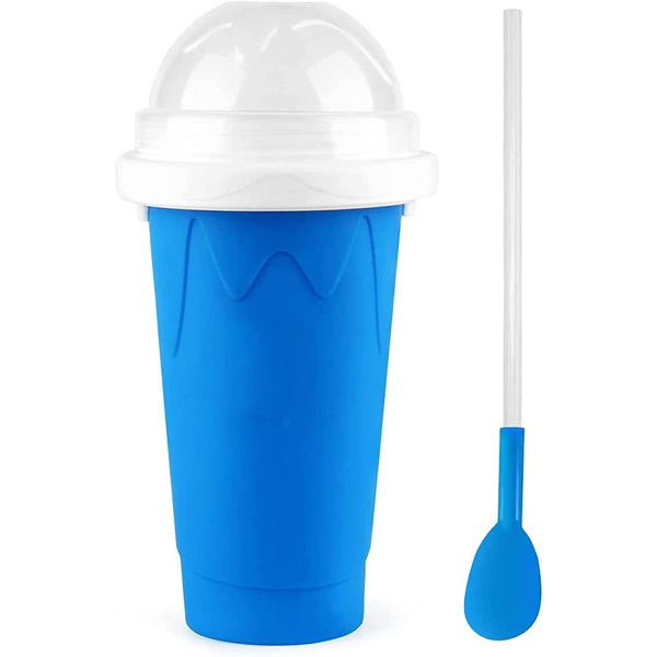 pahar pentru facut slushy milkshake si suc inghetat compatibil congelator 250ml cu lingura si pai 2in1 silicon premium albastru cbd coral best deals 479697
