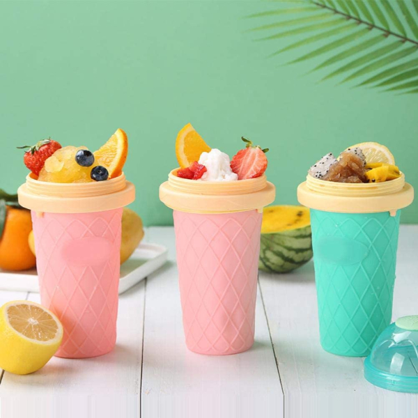 pahar pentru facut slushy milkshake si suc inghetat compatibil congelator 250ml cu lingura si pai 2in1 silicon premium roz cbd coral best deals 120341