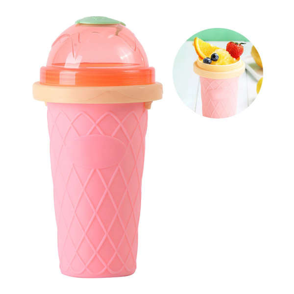 pahar pentru facut slushy milkshake si suc inghetat compatibil congelator 250ml cu lingura si pai 2in1 silicon premium roz cbd coral best deals 529095